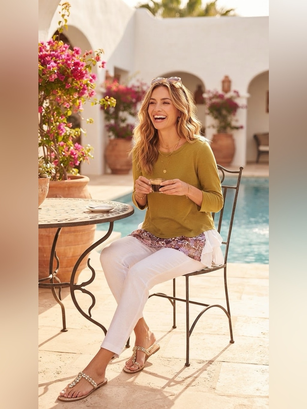 SIZE S LOGO Lounge® by Lori Goldstein NEW Olive Green Top Lace Hem Cotton